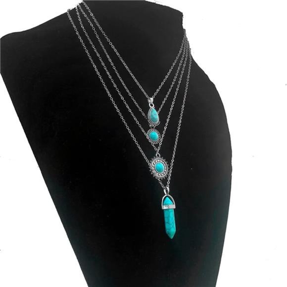 4 PCS Silver Turquoise Layered Necklaces for Women Girls - Picture 6 of 6